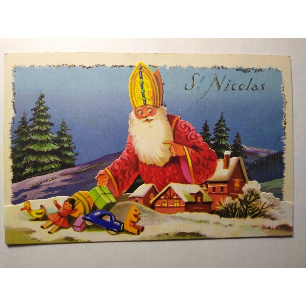Vintage Fold-Out St. Nicolas Christmas Postcard w/ Glitter Detail Diecut Rare